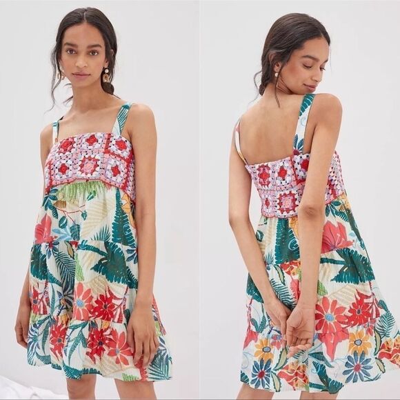 Farm Rio Crochet Tropical Floral tiered Mini Dress NWOT Medium - Picture 6 of 7